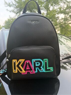 Karl Lagerfeld Black Mini Backpack with Colorful KARL Lettering